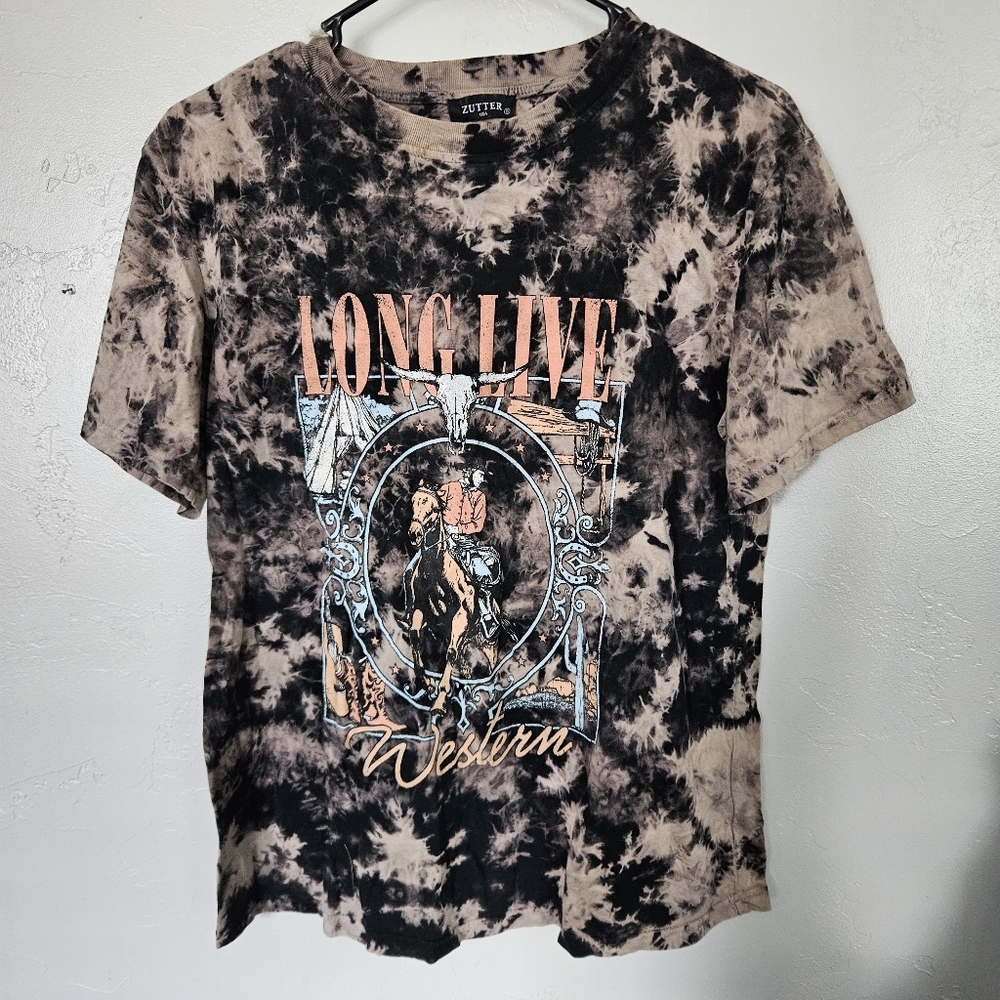 Zutter Women's Small Bleach Tie-Dye Graphic T-Shirt Long Live Western Cowgirl